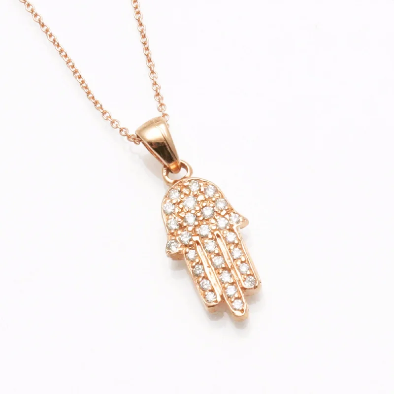 14K Rose Gold Diamond Hamsa Pendant Hand Pave 1/4 carat Necklace