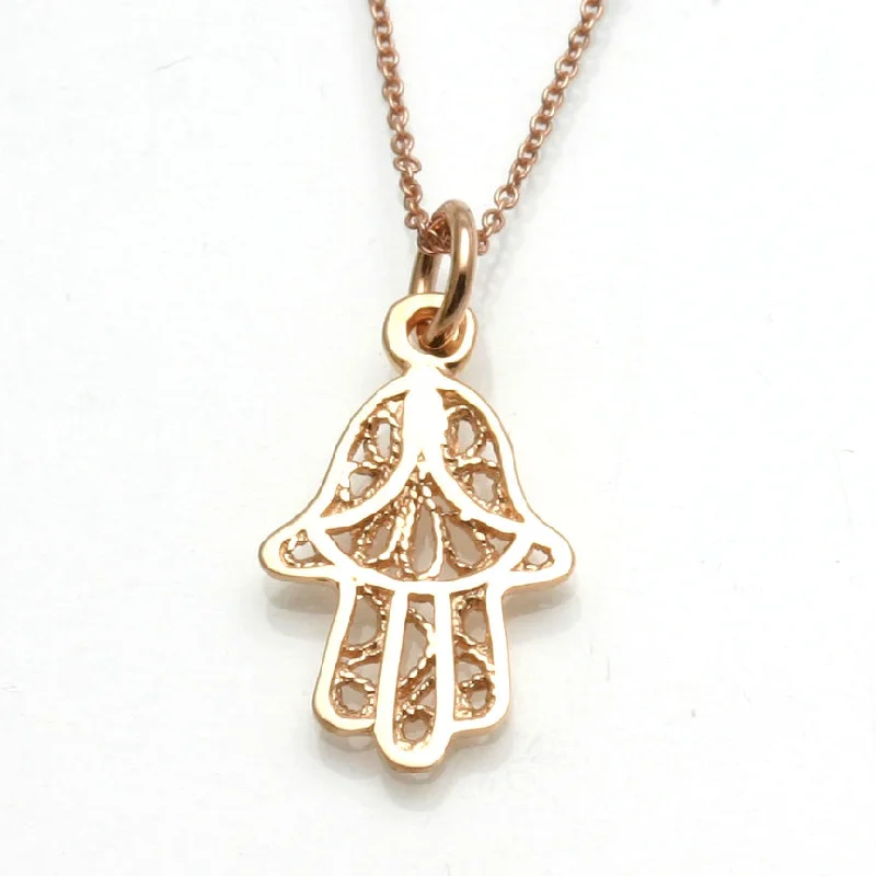 14k Rose Gold Filigree Small Hamsa Pendant Hand Necklace