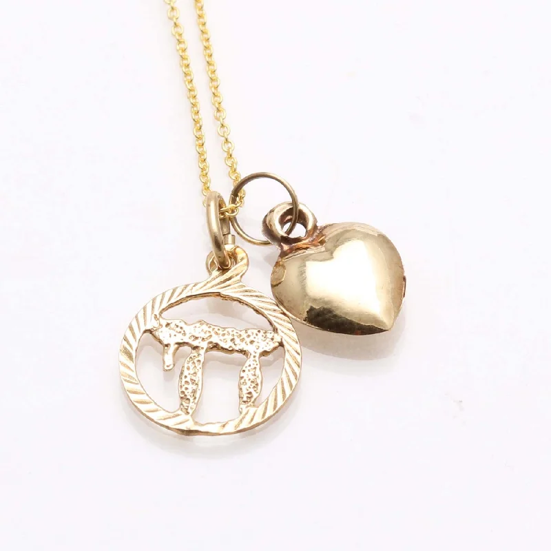 14k Yellow Gold Encircled Chai Heart Charm Necklace