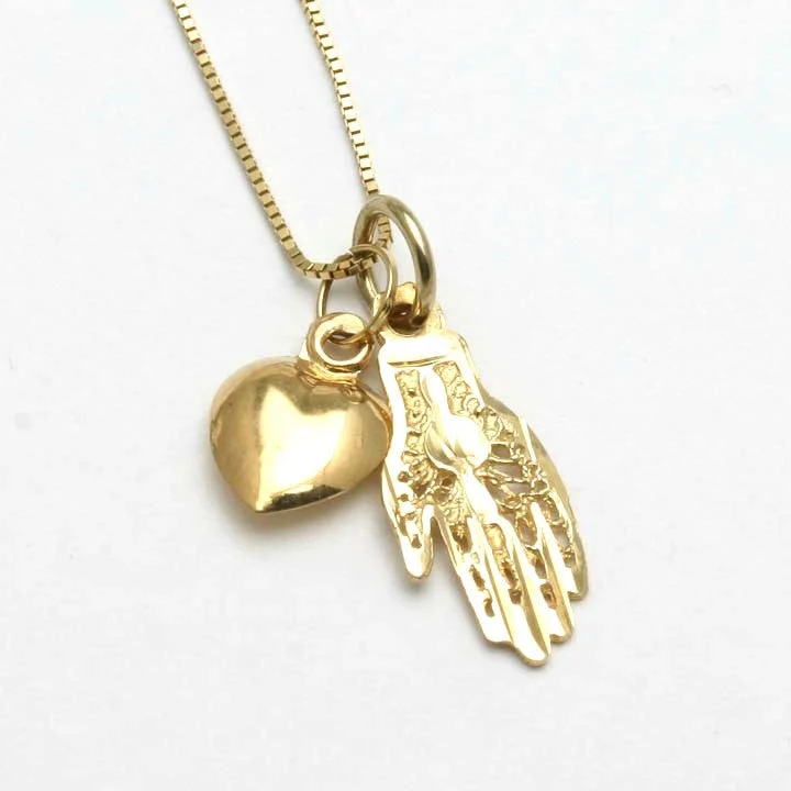 14k Yellow Gold Hamsa Filigree Heart Charm Necklace