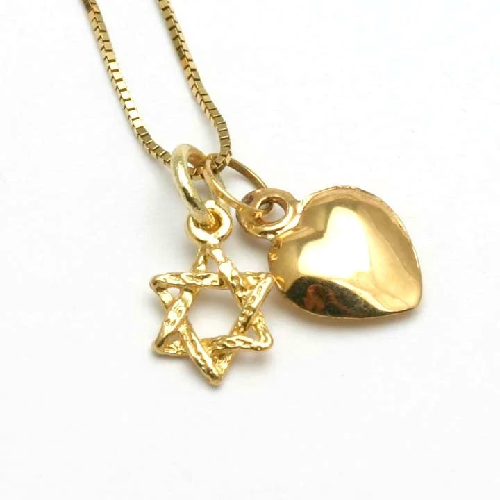 14k Yellow Gold Star of David Heart Charm Necklace