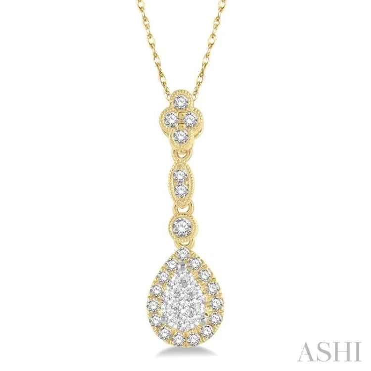 3/8 ctw Pear Shape Halo Lovebright Round Cut Diamond Pendant With Chain in 14K Yellow and White Gold