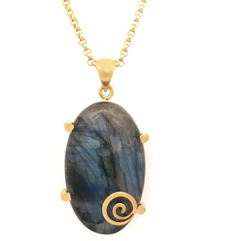 Labradorite Pendant Gratitude Swirl 4 Prong 24K Fair Trade Gold Vermeil - NO CHAIN