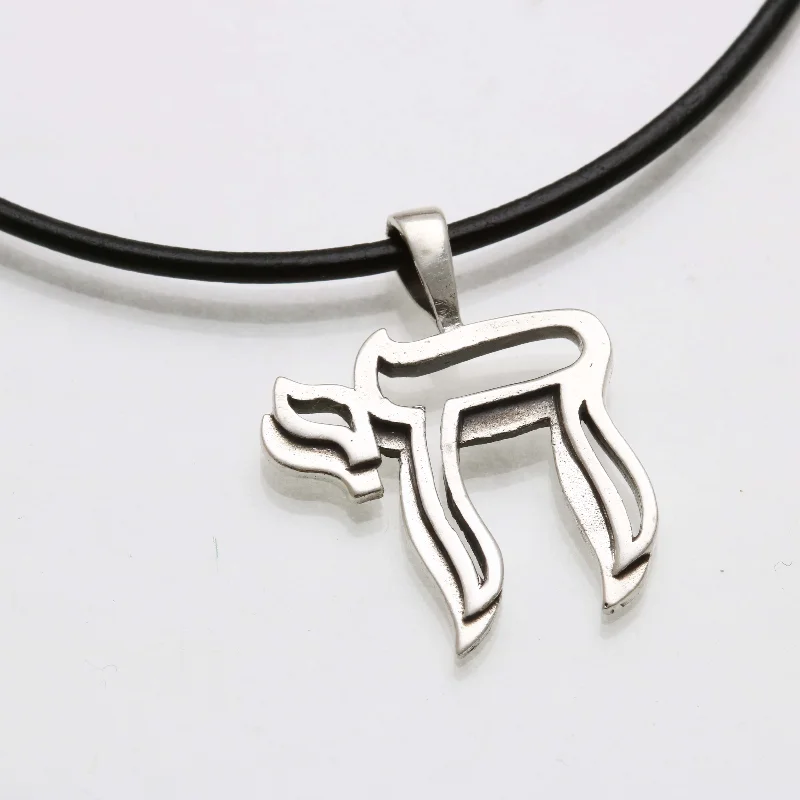 Sterling Silver Double Chai Black Leather Necklace