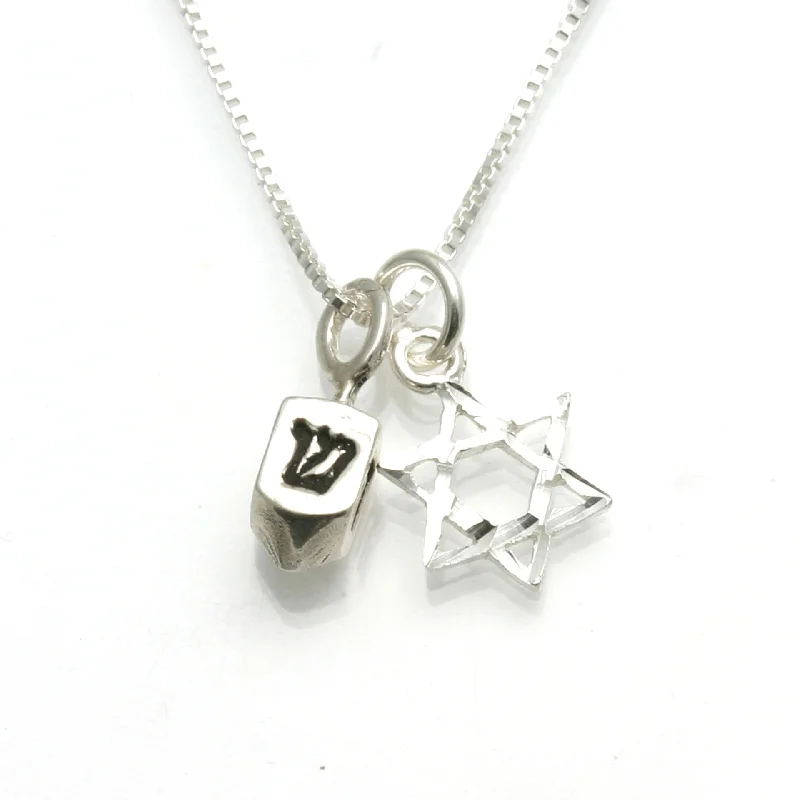 Sterling Silver Dreidel Star of David Charm Necklace