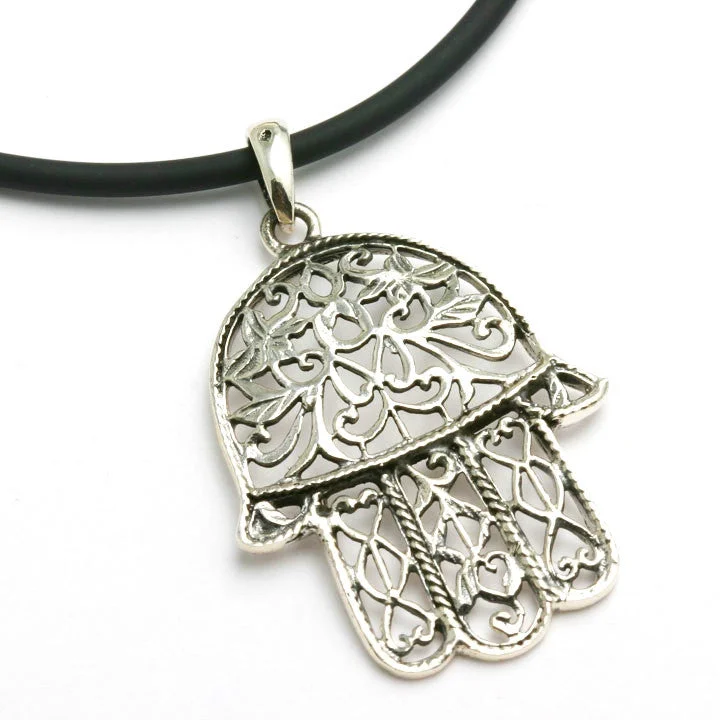 Sterling Silver Hamsa Filigree Large Oxidized Necklace Black Cord