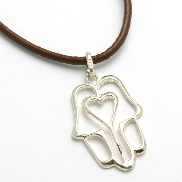 Sterling Silver Hamsa Hand Heart Brown Necklace