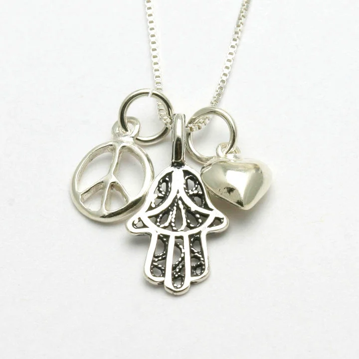 Sterling Silver Hamsa Heart Peace Sign Charm Necklace