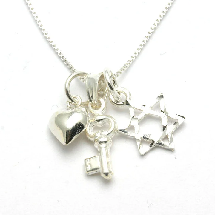 Sterling Silver Key Heart Star of David Charm Necklace