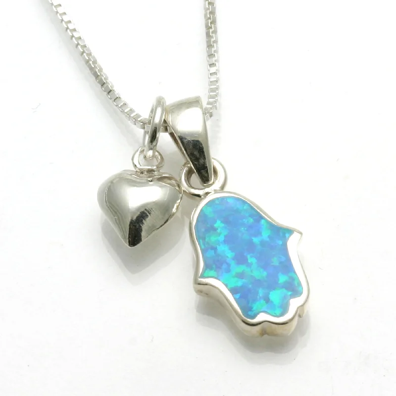 Sterling Silver Opalite Hamsa Heart Charm Necklace