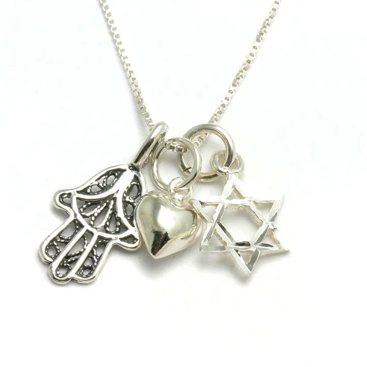 Sterling Silver Hamsa Heart Star of David Charm Necklace