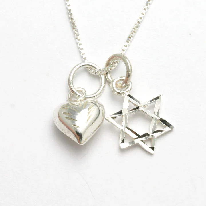 Sterling Silver Star of David Heart Charm Necklace