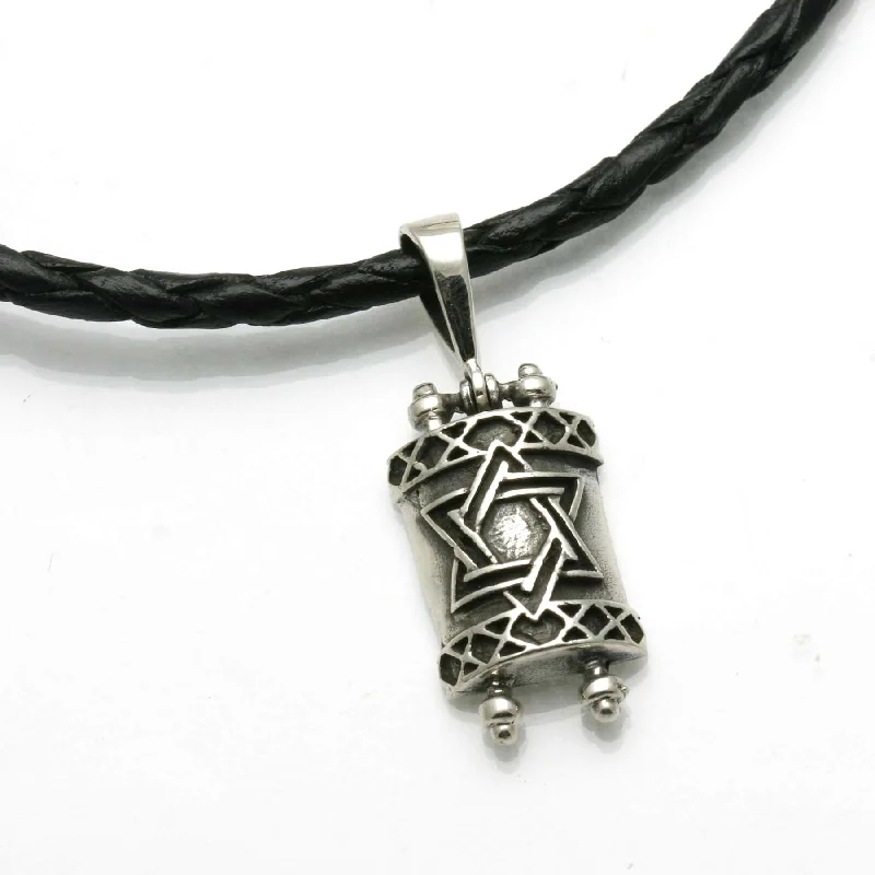 Sterling Silver Torah Star of David Black Leather Necklace