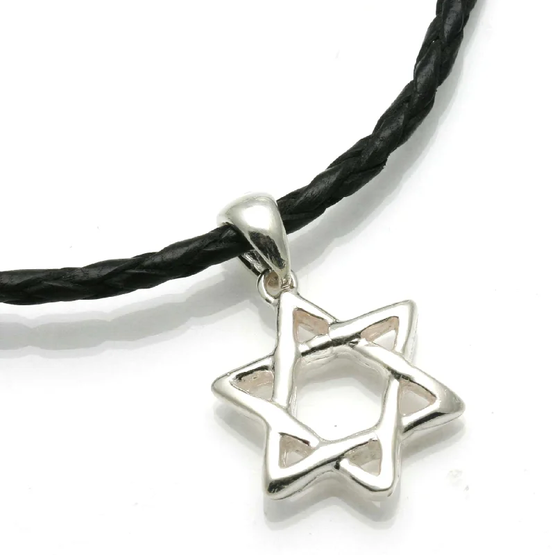 Sterling Silver Woven Star of David Black Leather Necklace