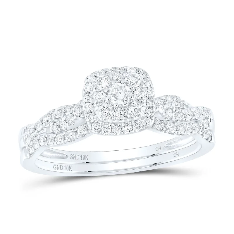 10kt White Gold Round Diamond Halo Bridal Wedding Ring Band Set 1/2 Cttw