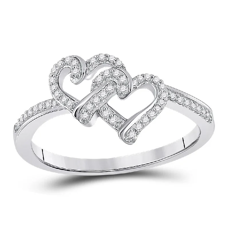 10kt White Gold Womens Round Diamond Double Heart Ring 1/8 Cttw