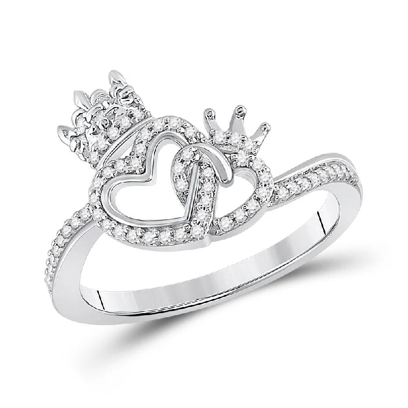 10kt White Gold Womens Round Diamond King Queen Heart Ring 1/6 Cttw