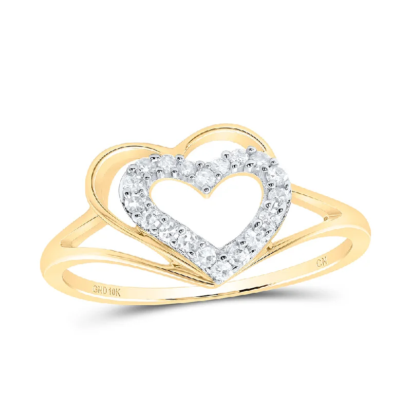 10kt Yellow Gold Womens Round Diamond Double Nested Heart Ring 1/8 Cttw