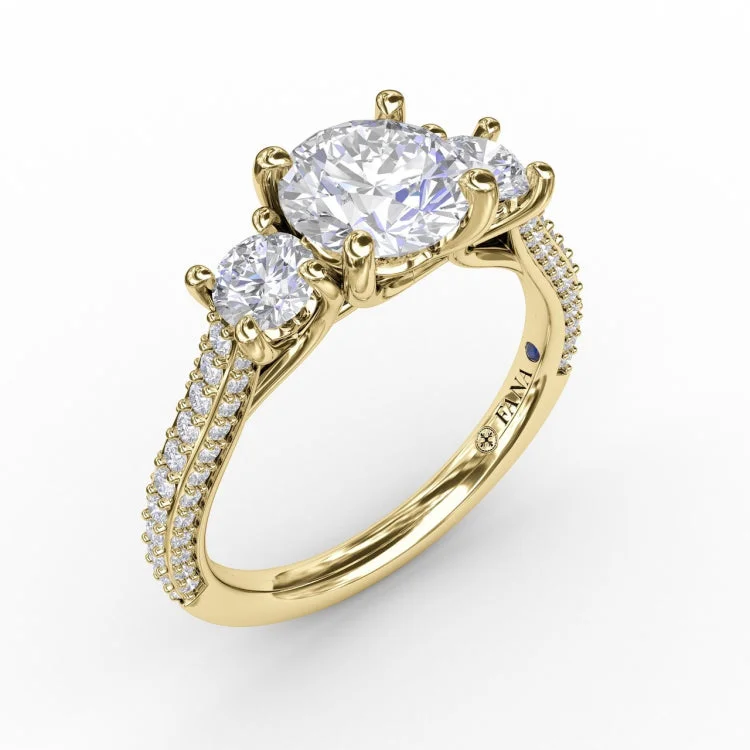 Classic Three-Stone Round Diamond Engagement Ring With PavÃ© Band