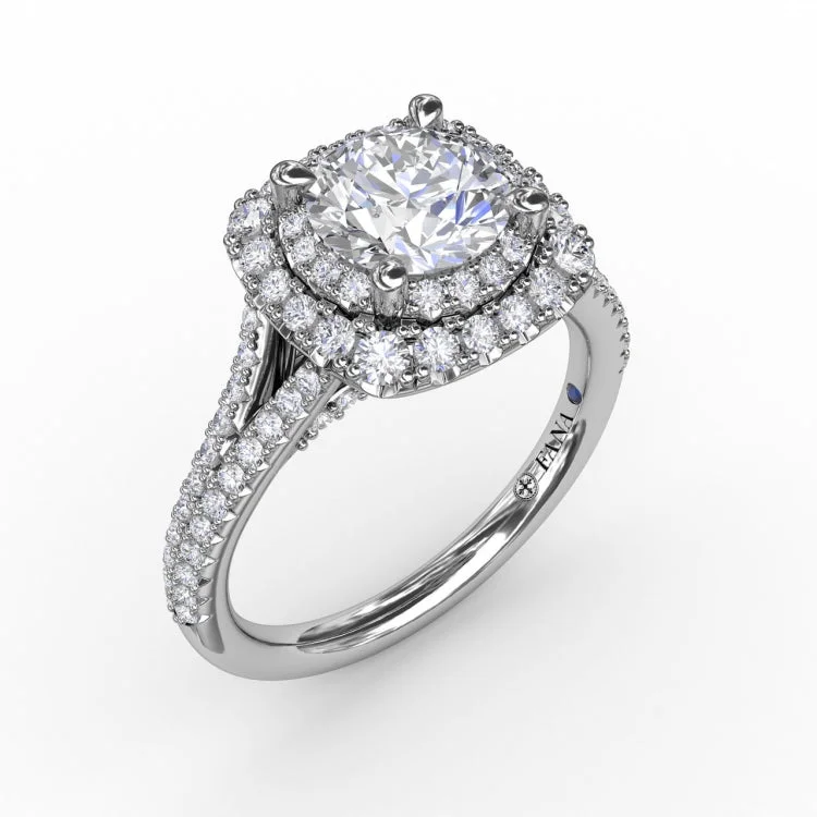 Cushion-Shaped Double Halo PavÃ© Diamond Engagement Ring with Split Shank