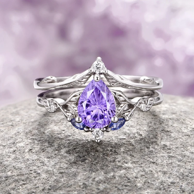 Airee Star Cut Lavender Sapphire Ring Set- 14K White Gold