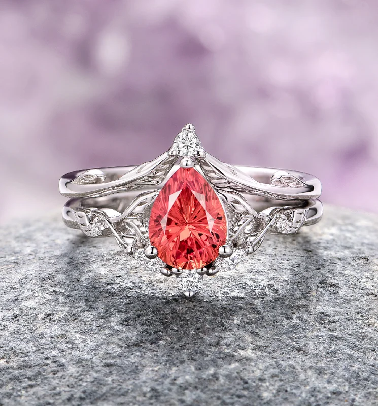 Airee Star Cut Padparadscha Sapphire Ring Set- 14K White Gold