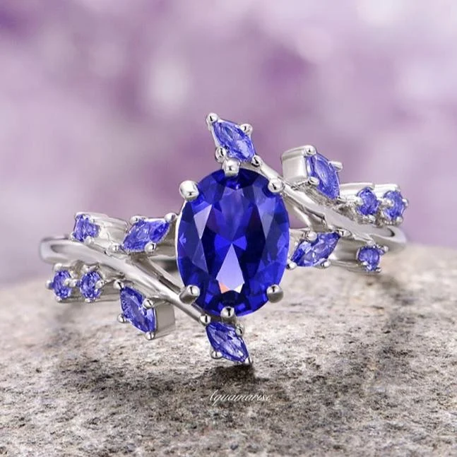 Cornflower Blue Sapphire Leaf Ring- 925 Sterling Silver