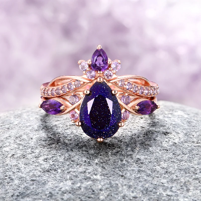 Feyre Starry Night & Amethyst Ring Set- 14K Solid Rose Gold