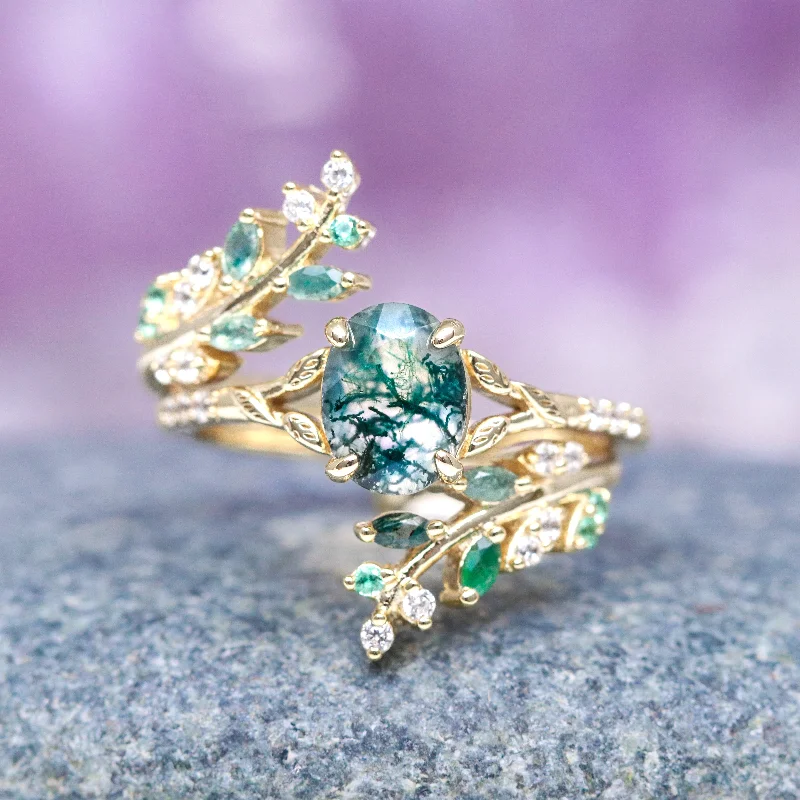 Green Moss Agate & Emerald Leaf Engagement Ring Set- 14K/ 18K Solid Yellow Gold