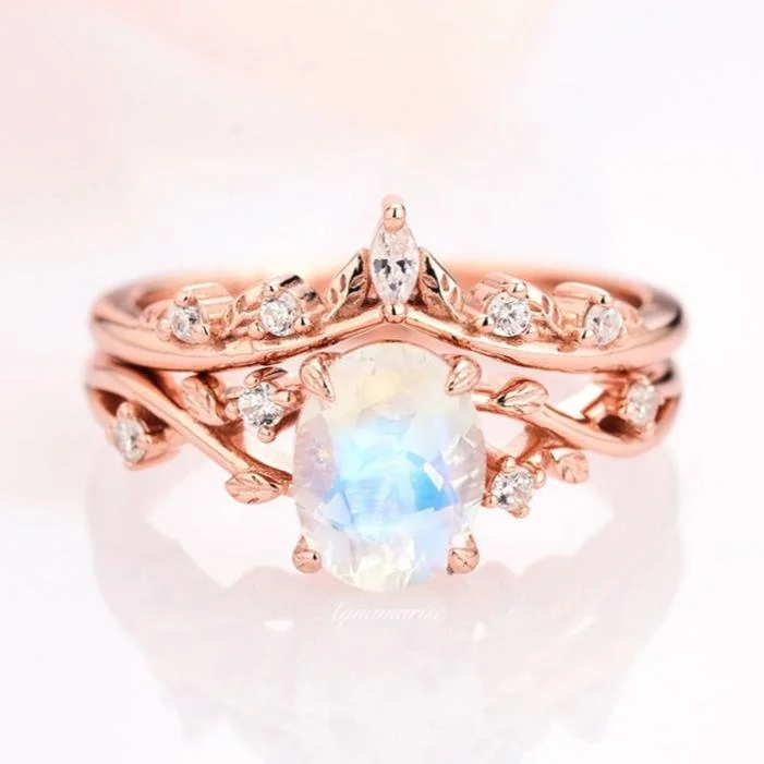 Natural Moonstone Fairy Engagement Ring Set- 14K Rose Gold Vermeil