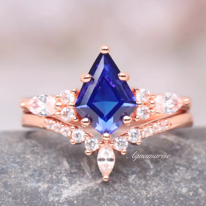 Skye Kite™  Cornflower Sapphire Kite Engagement Ring Set- 14K Solid Rose Gold