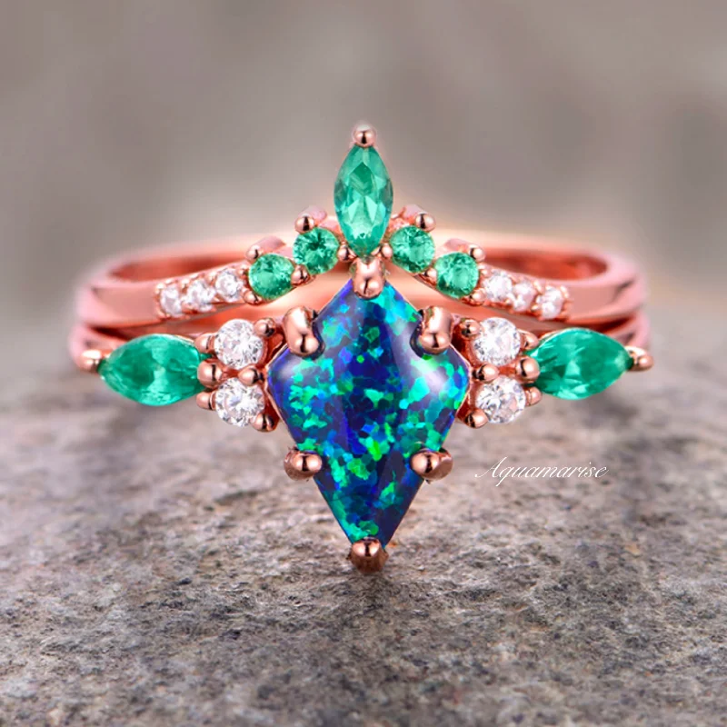 Skye Kite™  Peacock Fire Opal & Emerald Engagement Ring Set- 14K Solid Rose Gold