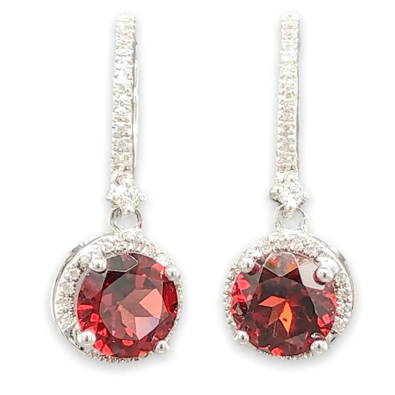 14K W Gold Garnet & .26cttw Diamond Halo Dangle Earrings