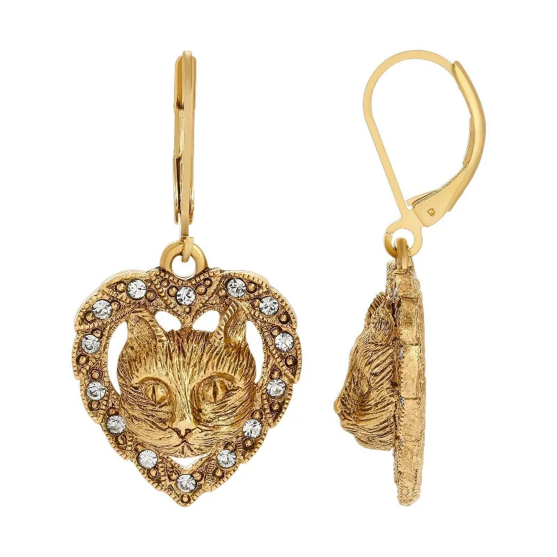 1928 Jewelry Heart And Cat Crystal Accent Lever Back Earrings