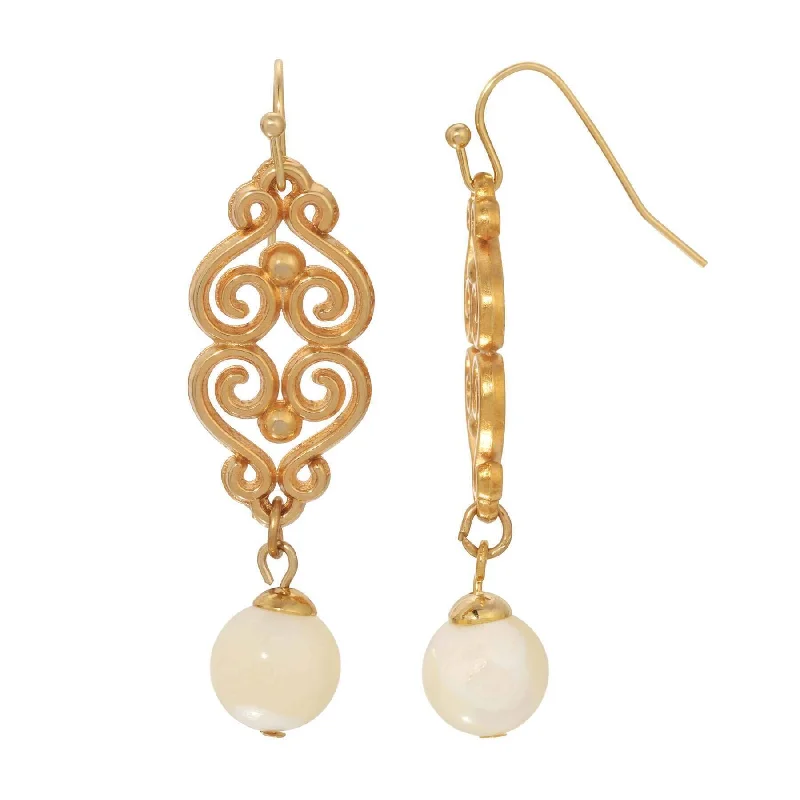 1928 Jewelry Heart Filigree Mother Of Pearl Dangling Earrings