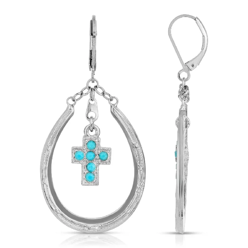 1928 Jewelry Southwest Turquoise Austrian Crystal Cross Horseshoe Earrings