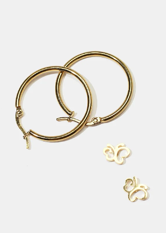 2 Pair Butterfly Stud & Hoop Earrings