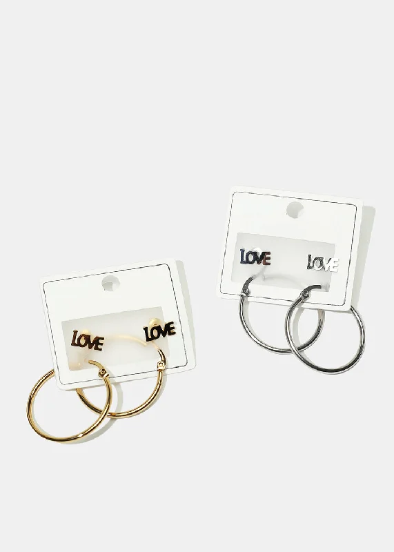 2-Pair Hoop & "LOVE" Stud Earrings