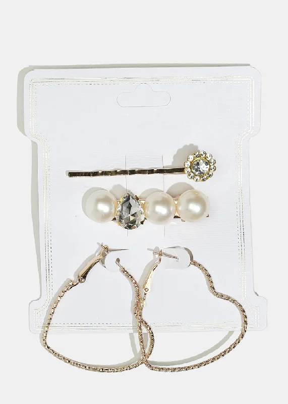 2-Piece Hairpins & Heart Hoop Earrings