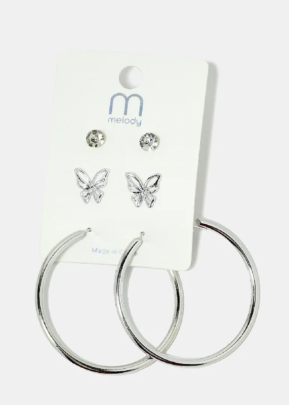 3-Pair Butterfly & Hoop Earrings