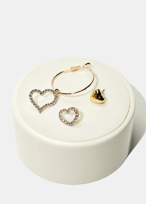 3-Pair Heart Stud & Hoop Earrings