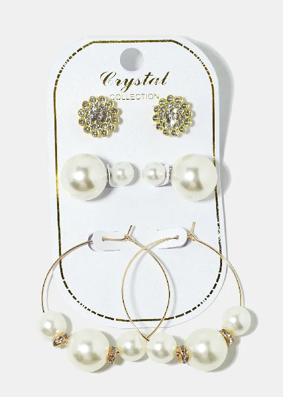 3-Pair Pearl Stud & Hoop Earrings