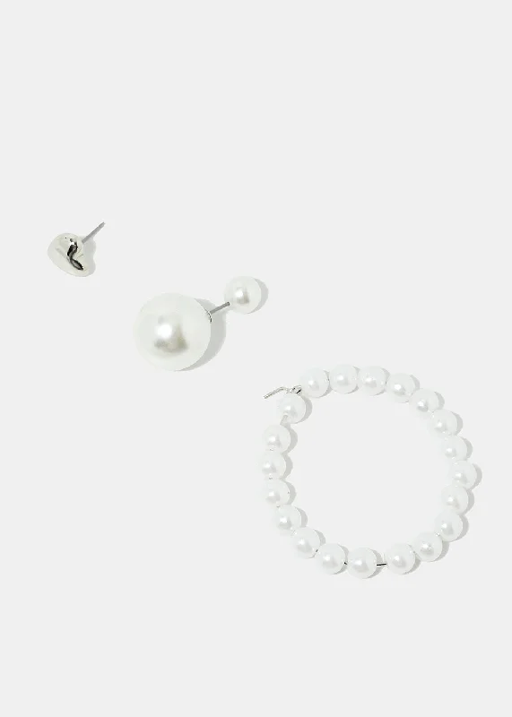 3-Pair Pearl Stud & Hoop Earrings