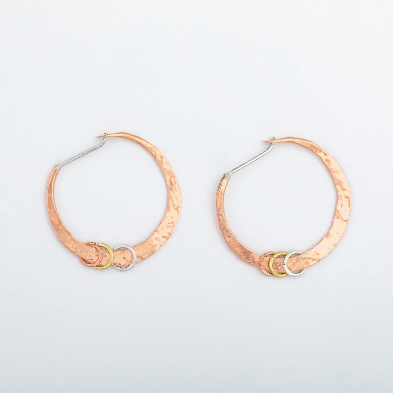 Hammered Sterling, Brass & Copper Hoop Earrings