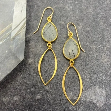 Black Rutilated Quartz and Arabesque Gold Earrings