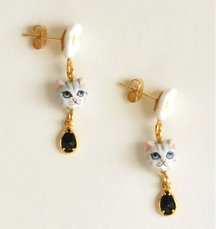 Daisy and Grey Cat Earrings with Gems