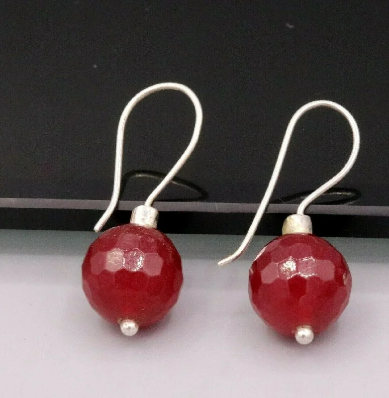 Fine simulated ruby pink stone earrings hoops dangling 925 solid silver s191