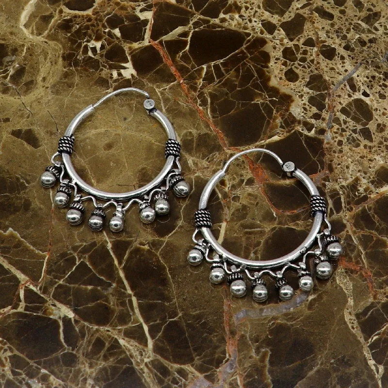 Genuine 925 Sterling silver handmade fabulous hoops earrings with hanging bells amazing antique earrings jewelry for girl's ear545