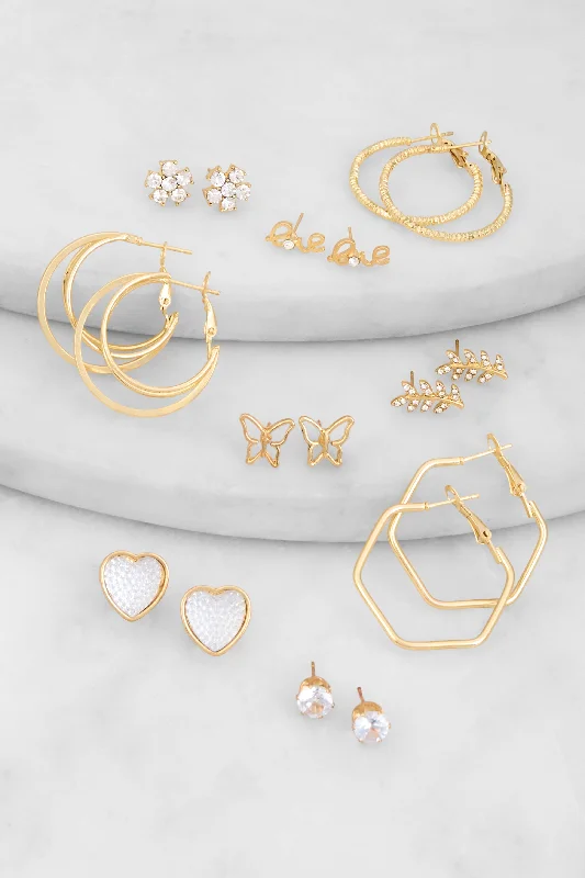 Love Assorted Metallic Stud and Hoop Earrings Set of 9