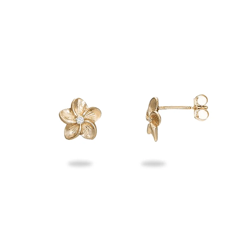 Hawaiian Heirloom Plumeria Earrings in Gold with Diamonds - 9mm